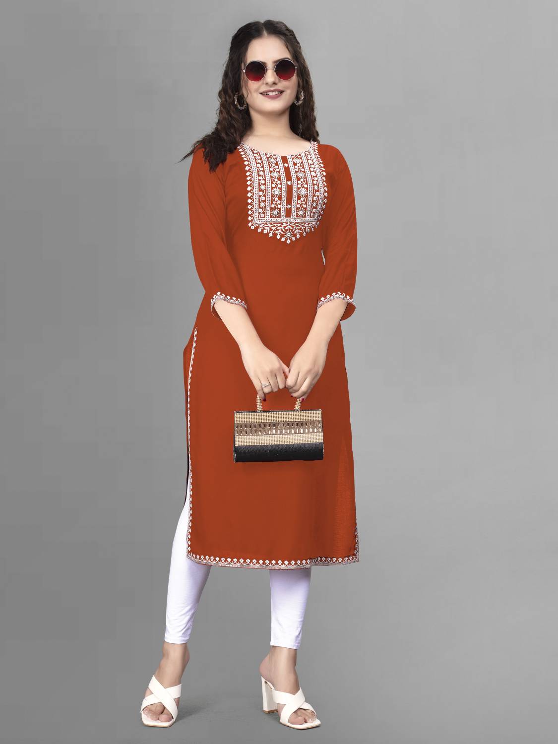 PATBRO Women Embroidered Viscose Rayon A-line Kurta (Orange)