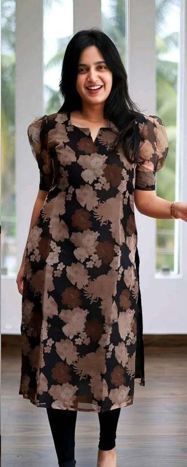 Image of KALAMKARI SOUTH Floral Print Organza Straight Kurta for Women (Multicolor)