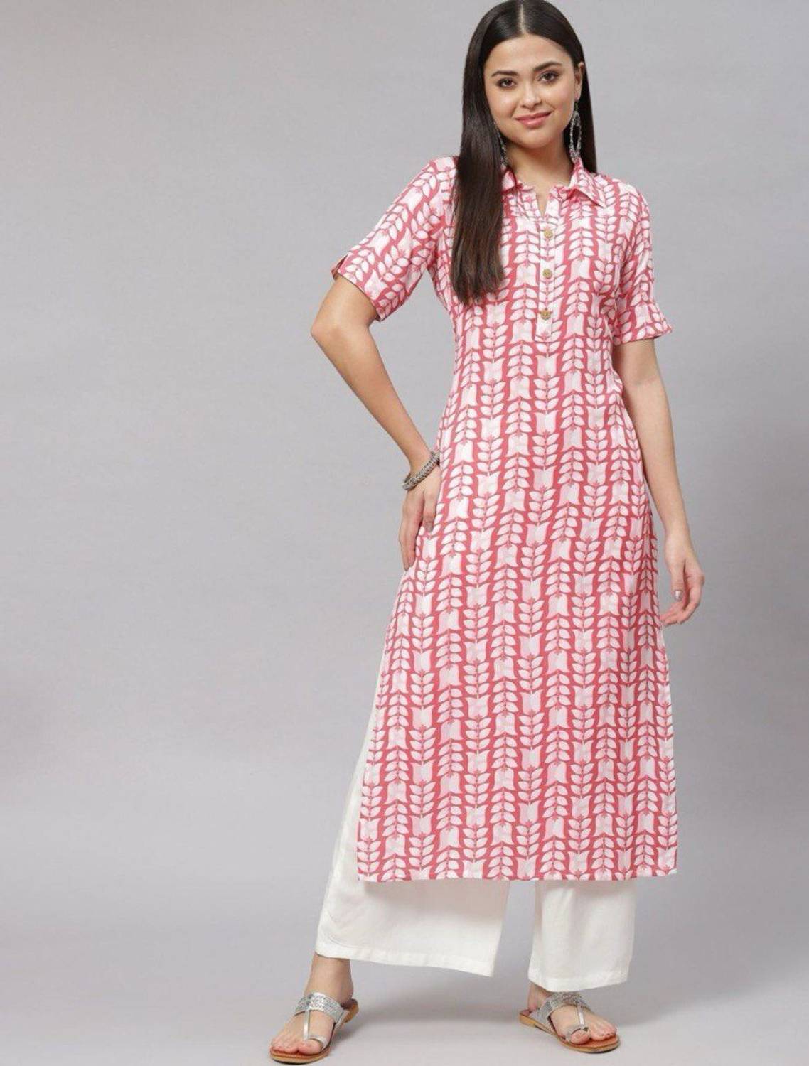 EMPIRE STYLE Women Printed Pure Cotton Straight Kurta (Pink)