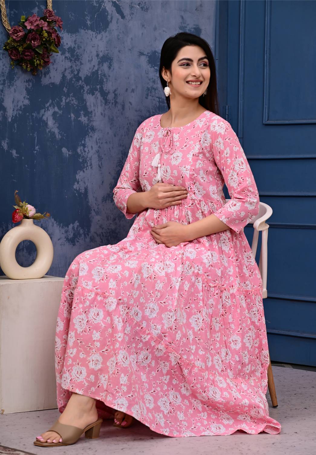Most Women Printed Pure Cotton Flared Kurta (Pink)