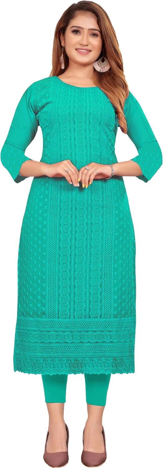 KAYRAAH Women Chikan Embroidery Georgette Straight Kurta (Light G