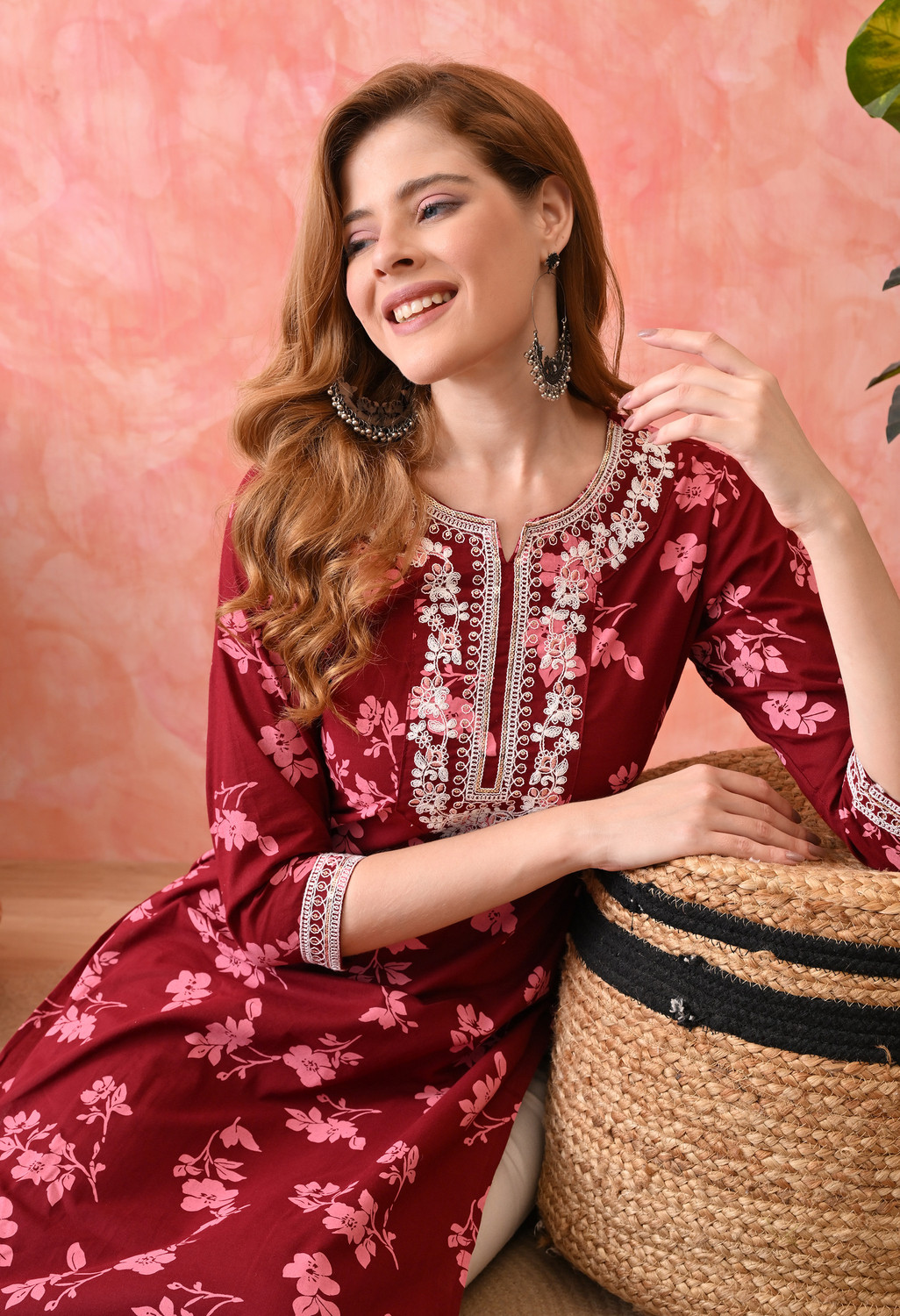 Image of KKOUTFITS Floral Print Pure Cotton Straight Kurta for Women (Maroon)