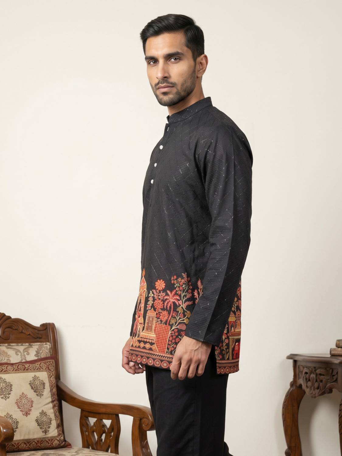 ANOUK Men Black Printed Straight Kurta - Image 3