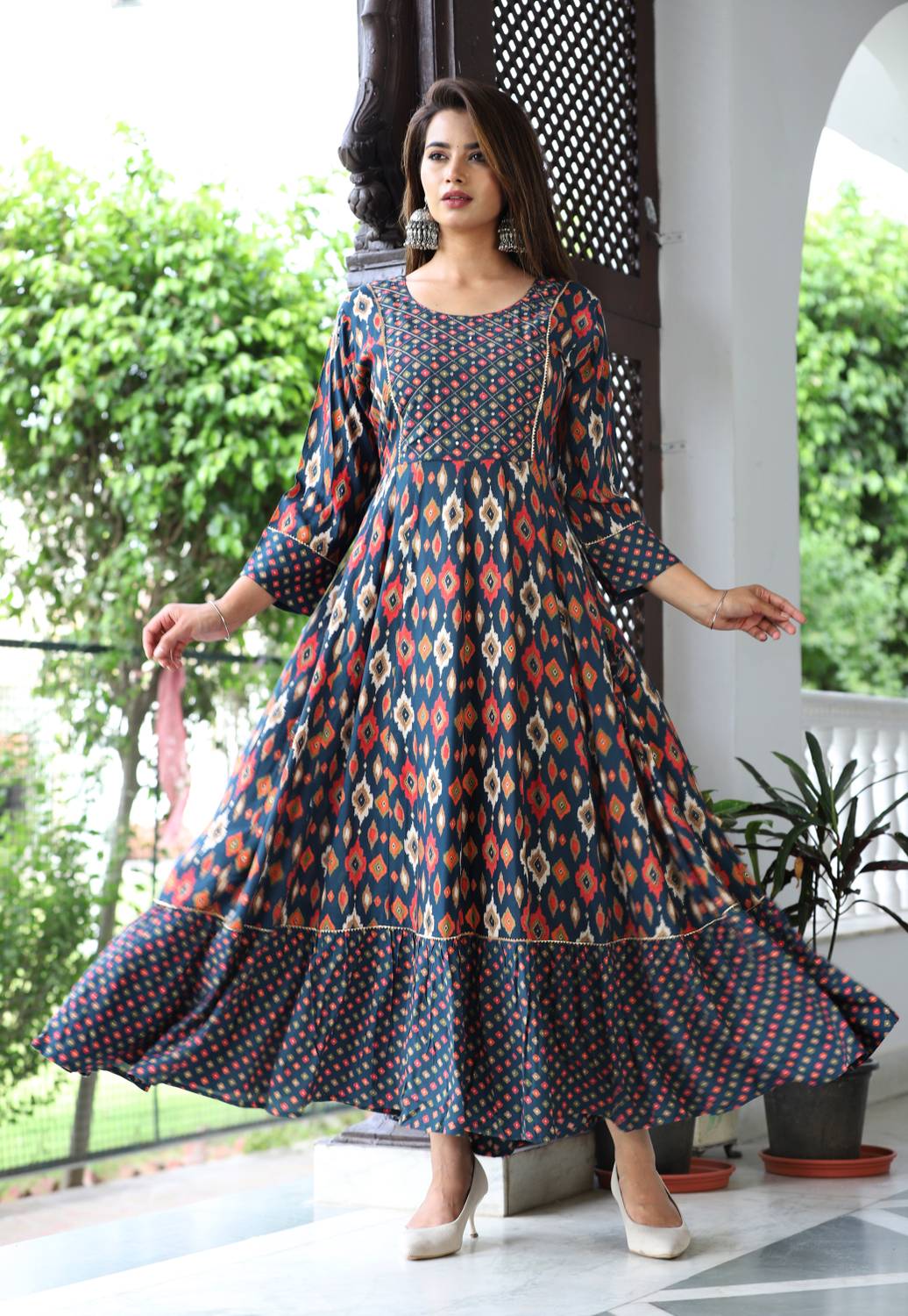 DARVIKAA COLLECTION Women Printed Viscose Rayon Gown Kurta (Blue)