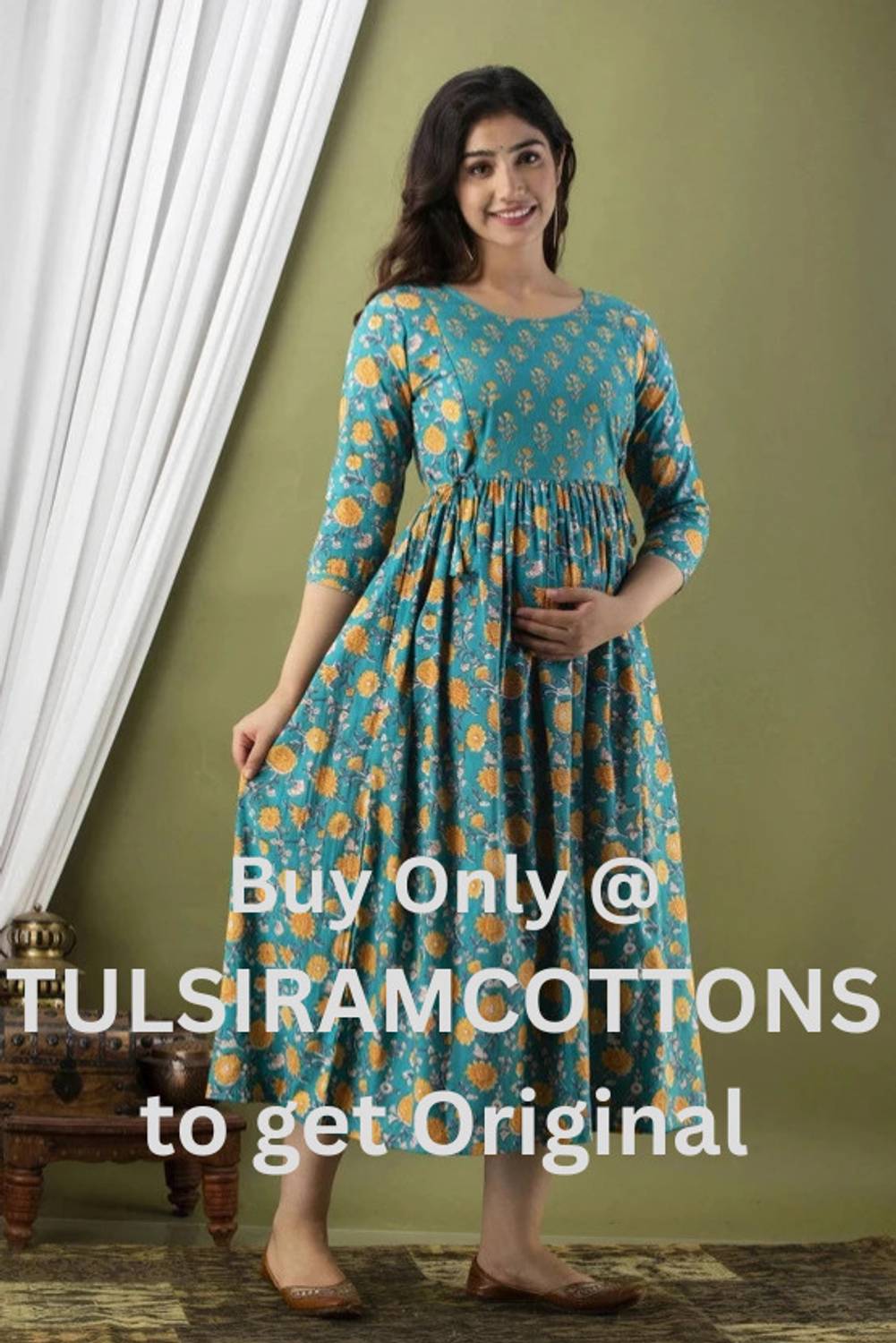 Tulsiram Women Printed Pure Cotton Anarkali Kurta (Dark Green)