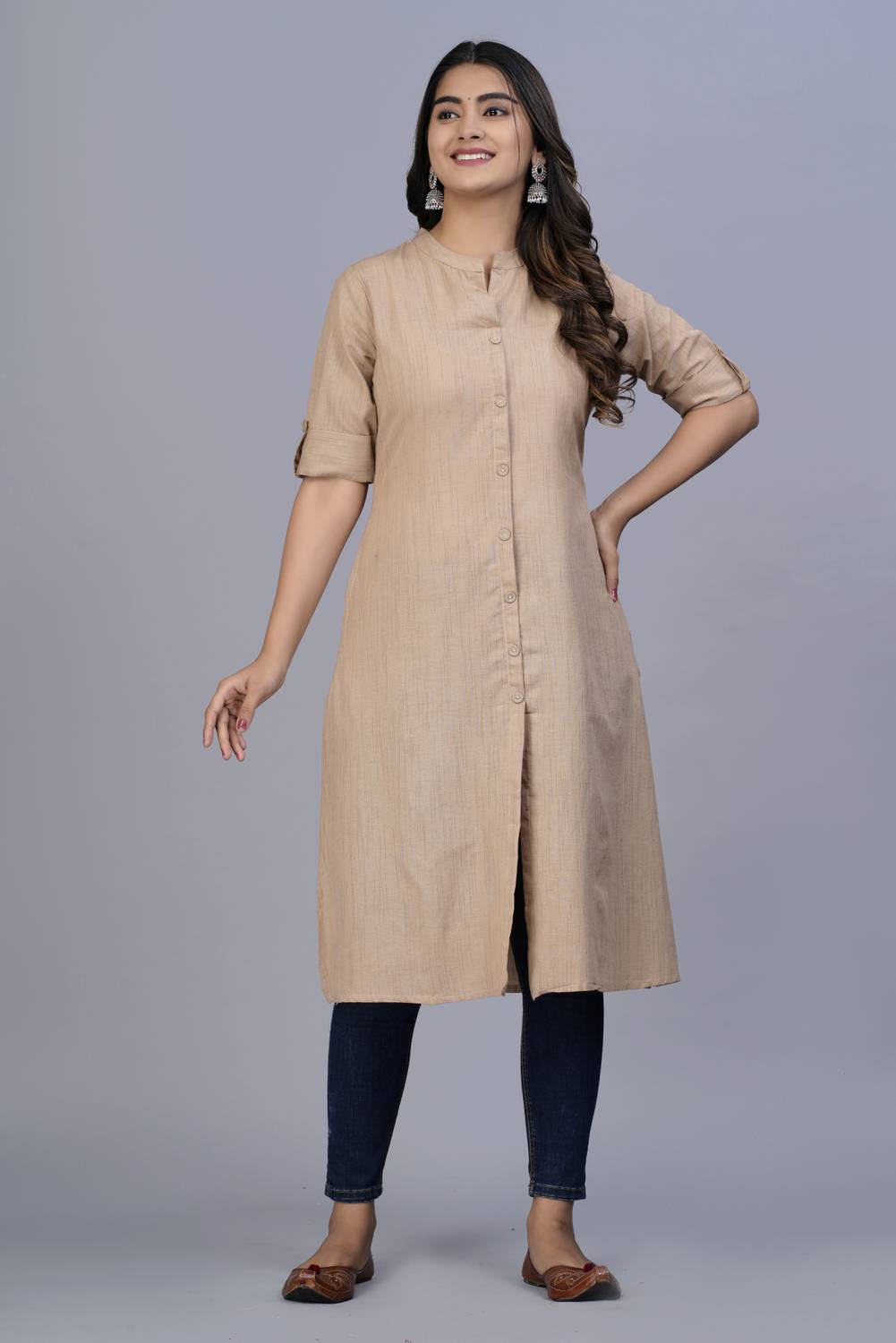 Dizon Women Solid Cotton Blend A-line Kurta (Beige)