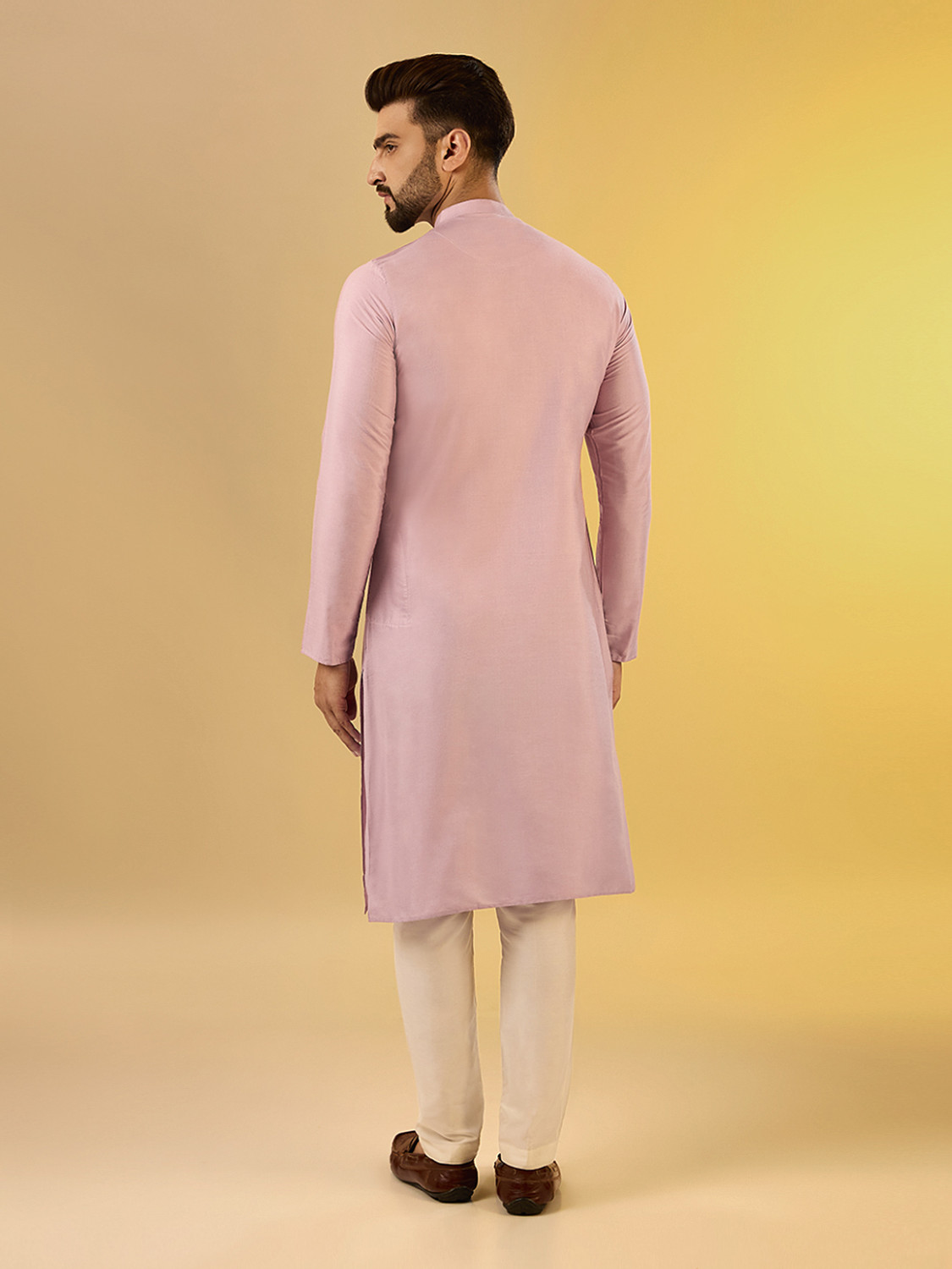 Image of Kisah Embellished Cotton Blend Straight Kurta for Men (Pink)