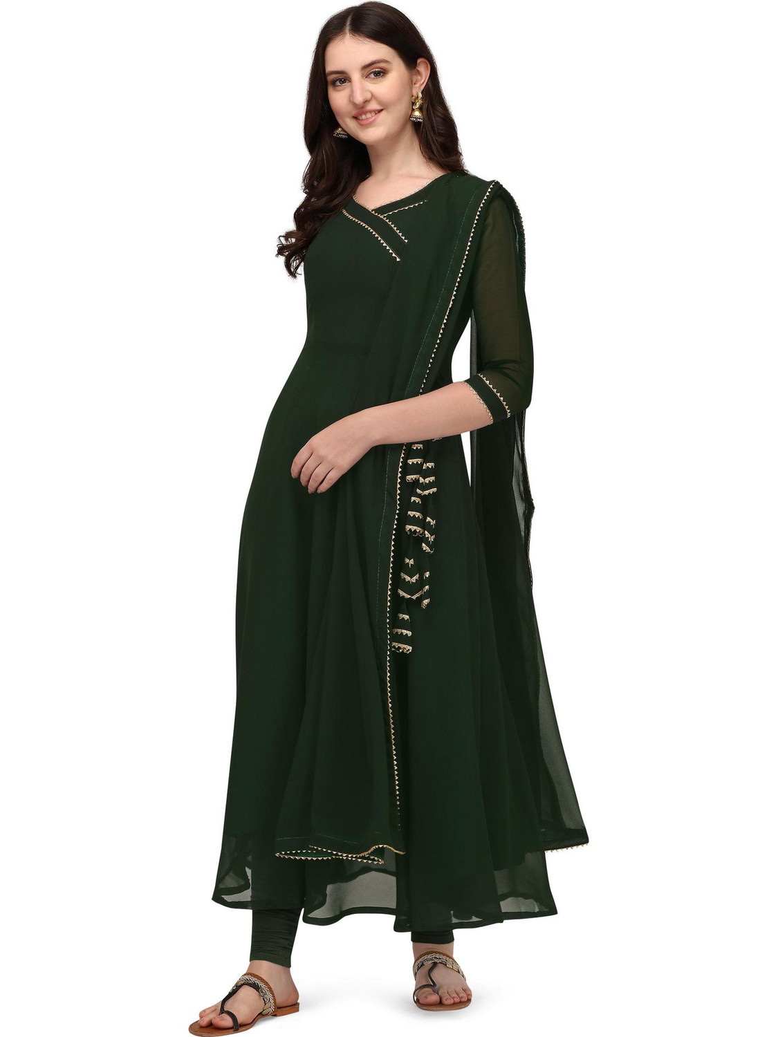 Image of HESVI Solid Georgette Anarkali Kurta for Women (Green)