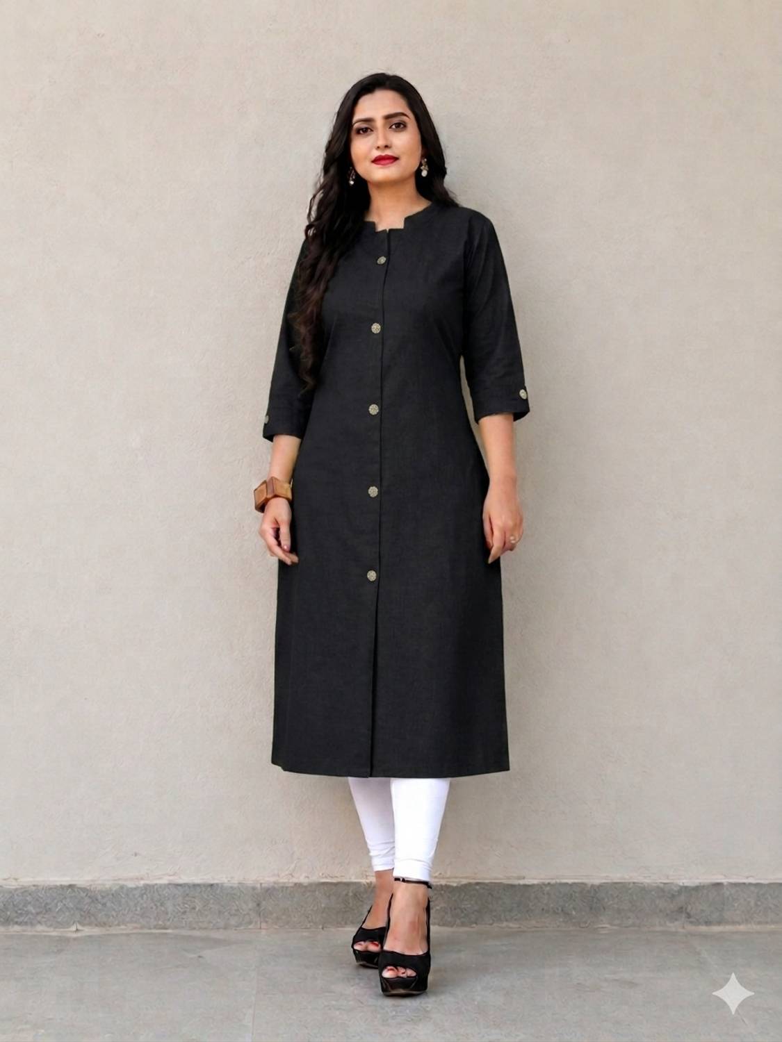 Narrow Fashion Women Solid Cotton Blend Frontslit Kurta (Black)
