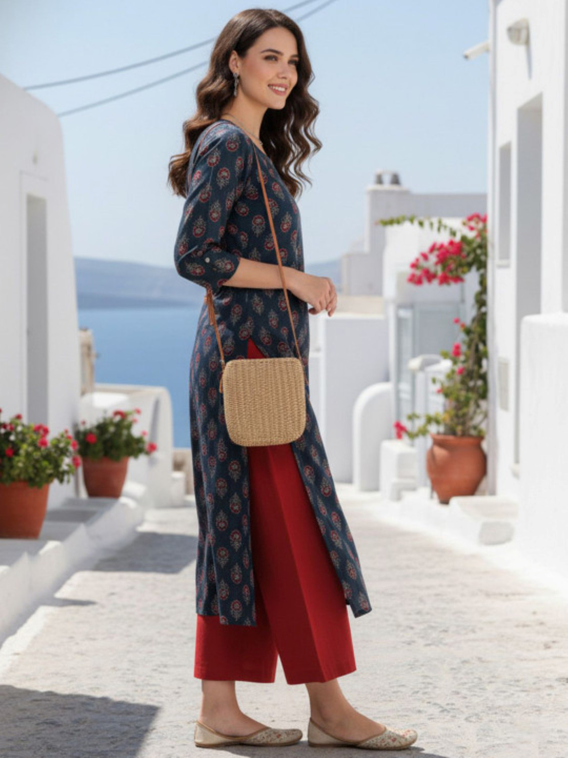 Image of Zyla Printed Viscose Rayon Straight Kurta for Women (Dark Blue)