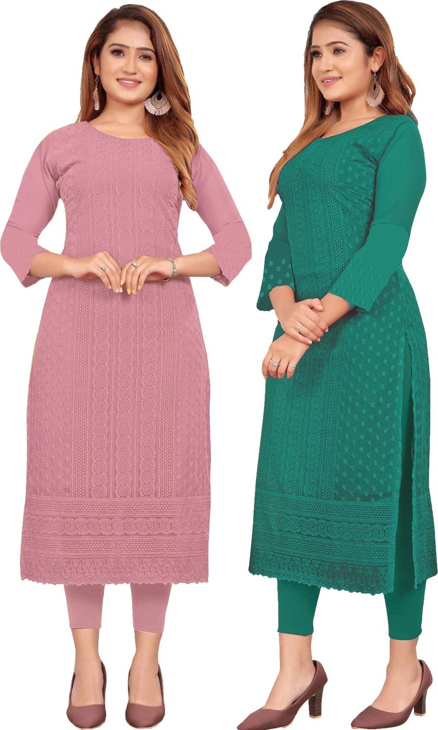 KAYRAAH Women Chikan Embroidery Georgette Straight Kurta (Green,