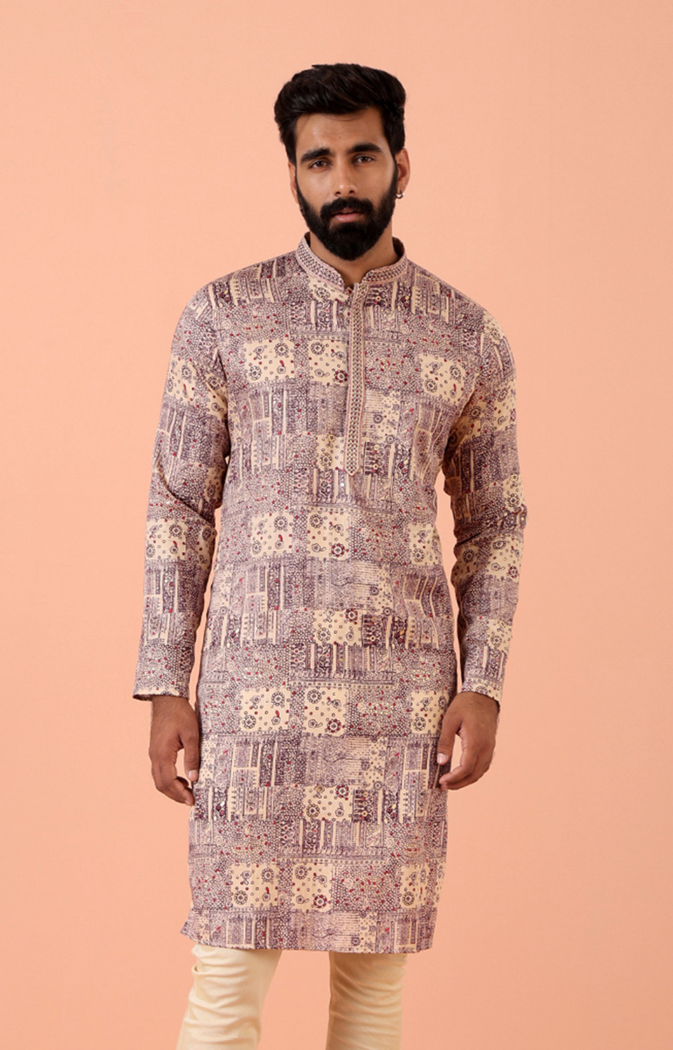 Image of Kisah Printed Cotton Blend Straight Kurta for Men (Purple)