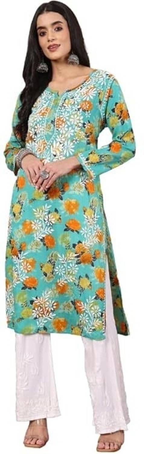 Mastanni Women Chikan Embroidery Cotton Blend A-line Kurta (Light