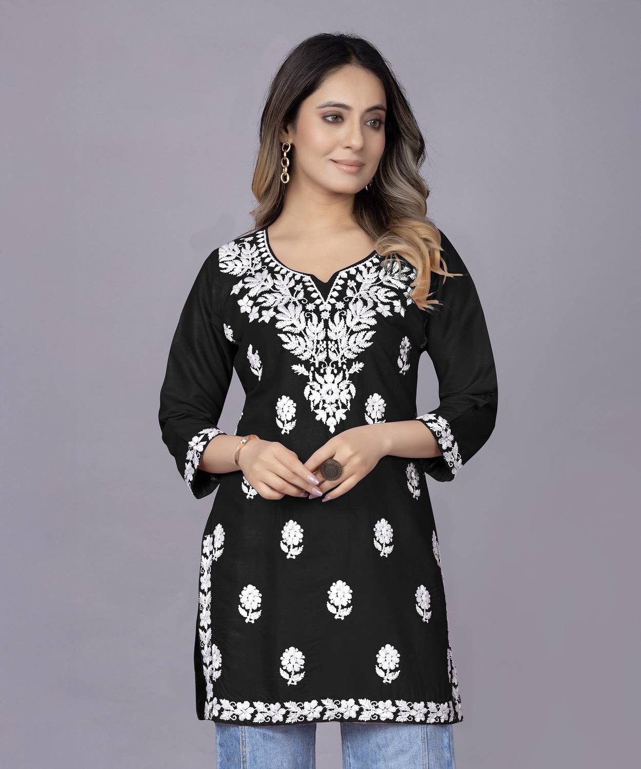 RUDRALIFESTAYLE Women Chikan Embroidery Viscose Rayon A-line Kurt