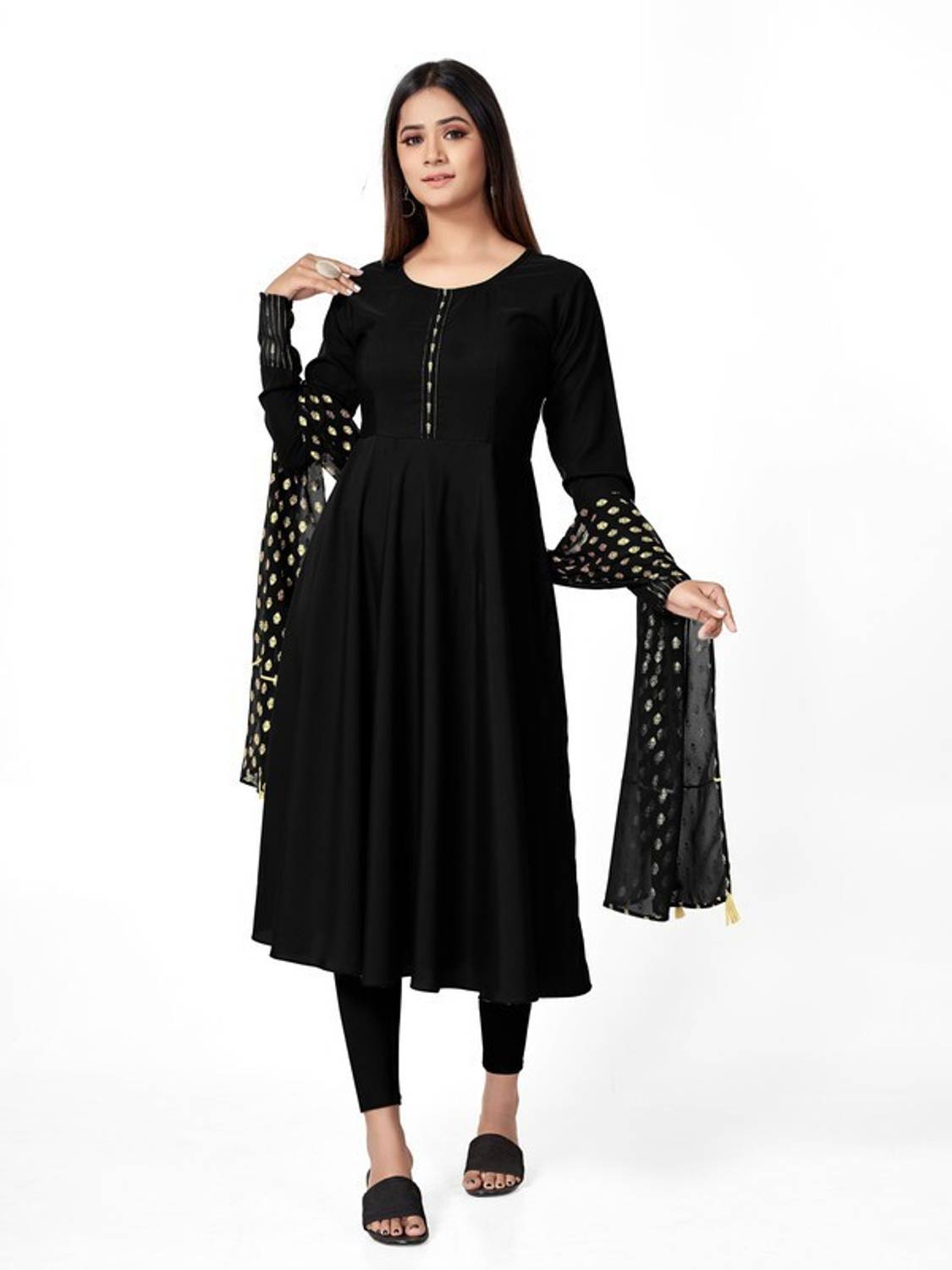 Diamoon Women Solid Crepe Anarkali Kurta With Attached Dupatta (B