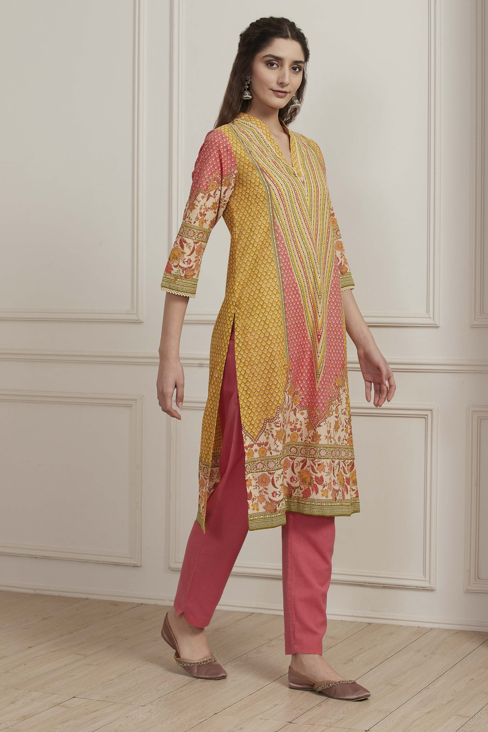Image of BIBA Printed Pure Cotton Straight Kurta for Women (Yellow)