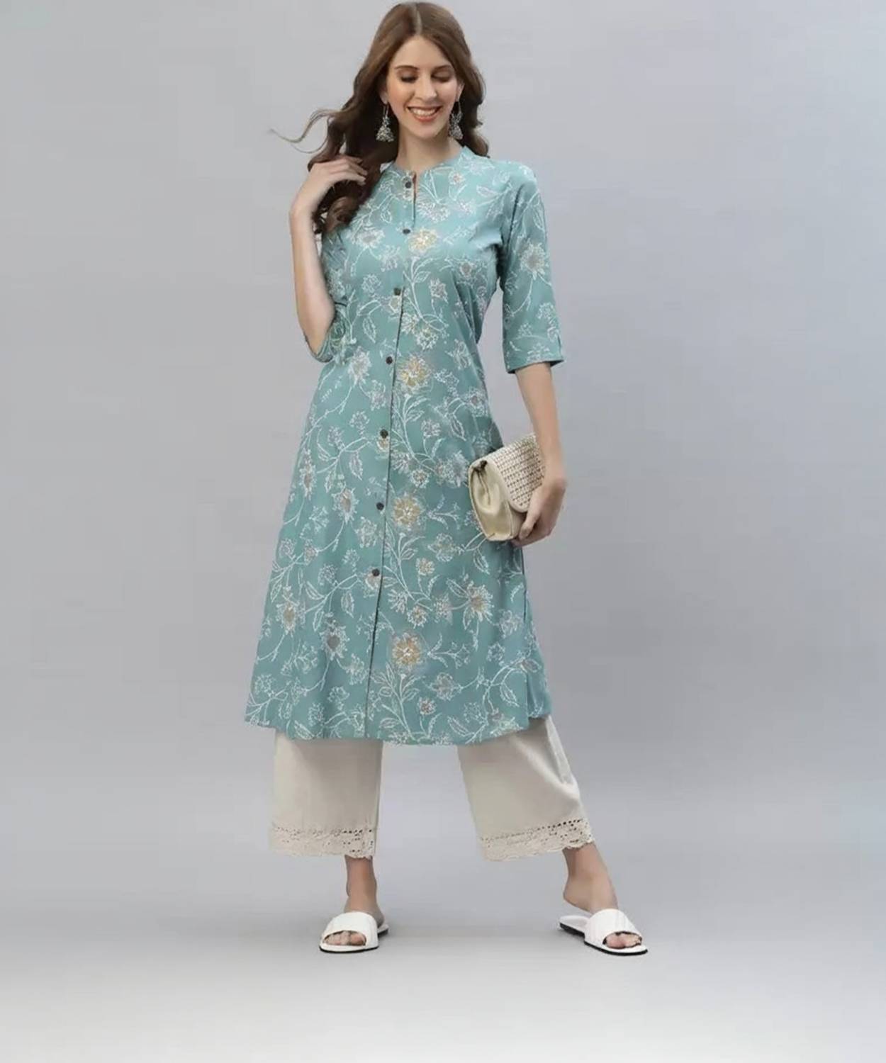 LOOMS21 Women Floral Print Viscose Rayon A-line Kurta (Light Blue