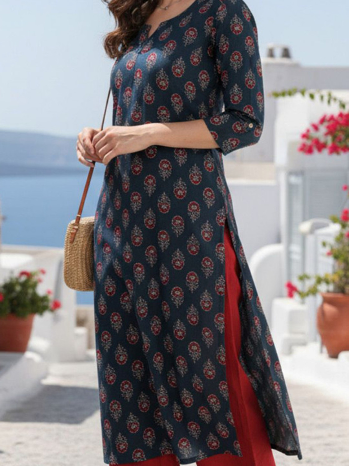 Image of Zyla Printed Viscose Rayon Straight Kurta for Women (Dark Blue)