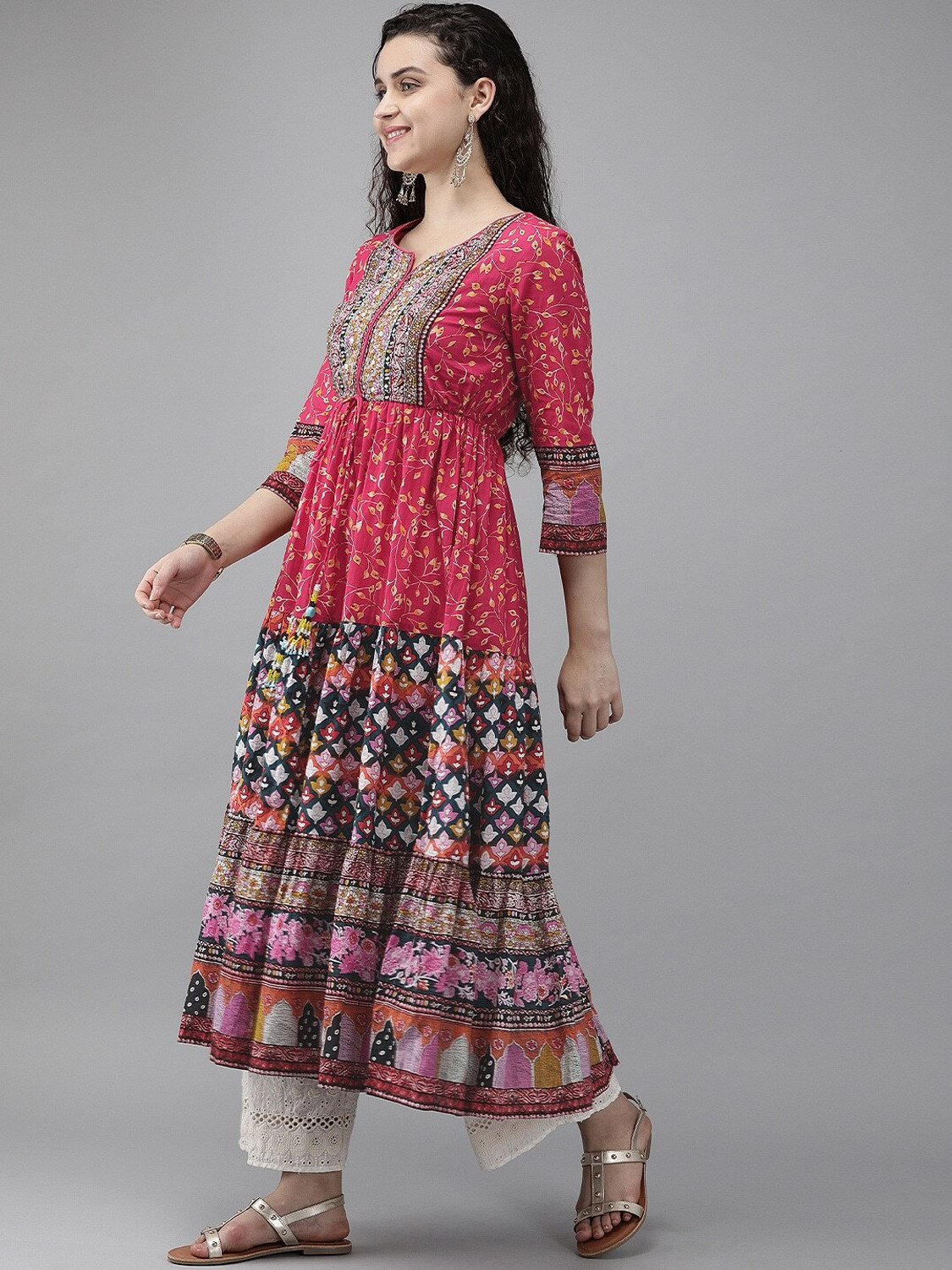 Image of Rain & Rainbow Printed, Floral Print, Geometric Print, Animal Print Pure Cotton Anarkali Kurta for Women (Pink)
