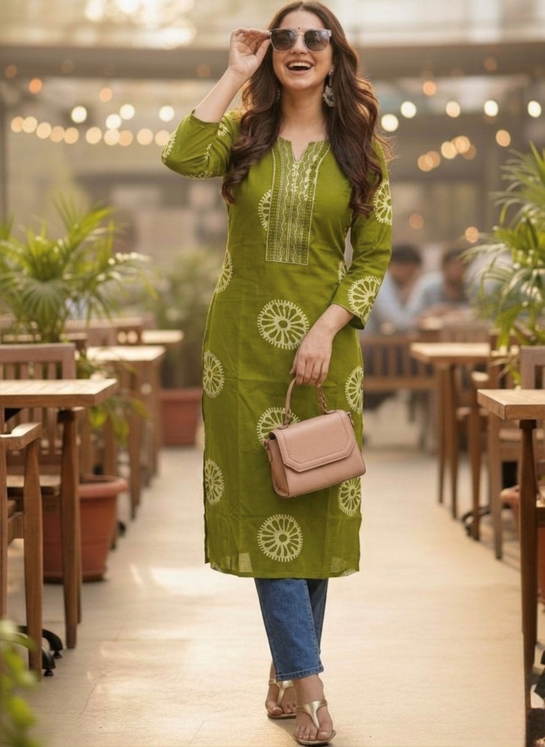 Image of Surhi Printed Pure Cotton Straight Kurta for Women (Green)