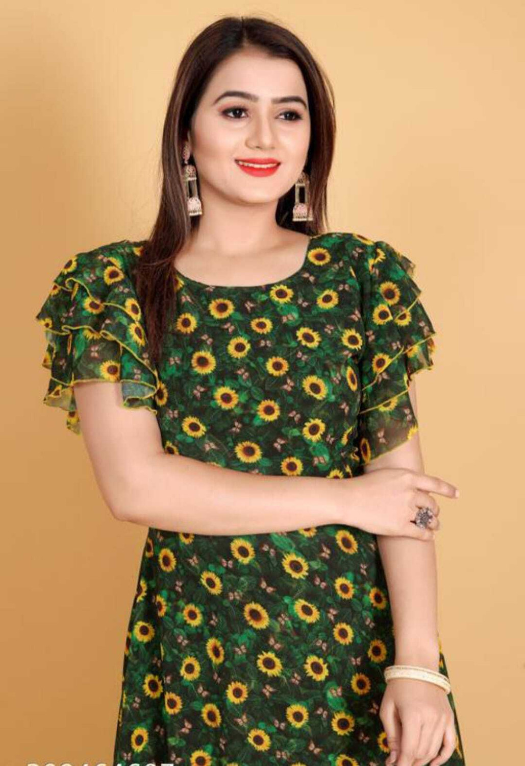 Image of Mahudi Printed Georgette Anarkali Kurta for Women (Green)