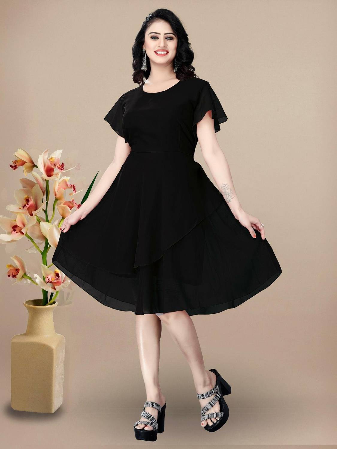 AaravEthnic Women Fit and Flare Black Knee Length Dress