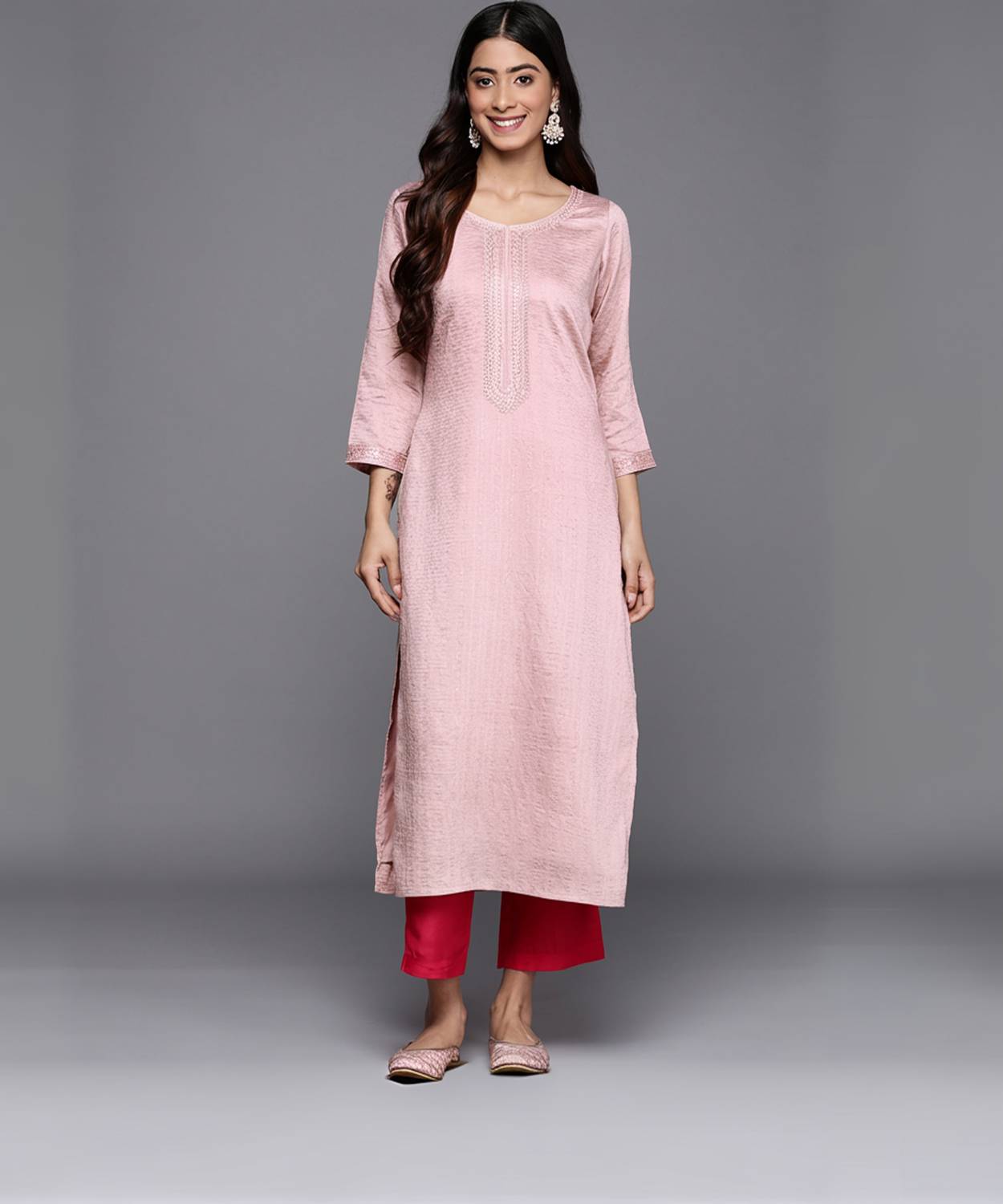 LIBAS Women Woven Design Viscose Rayon Straight Kurta (Pink)