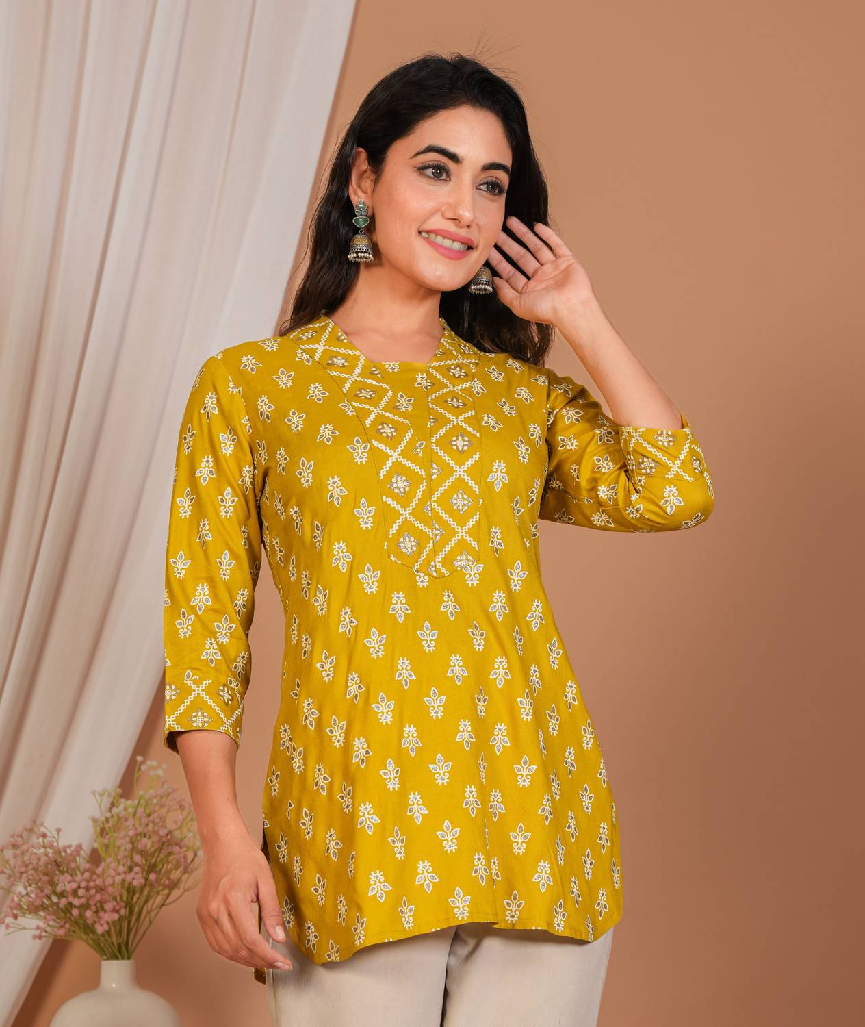 Fashion Network Women Printed Viscose Rayon Straight Kurta (Yello