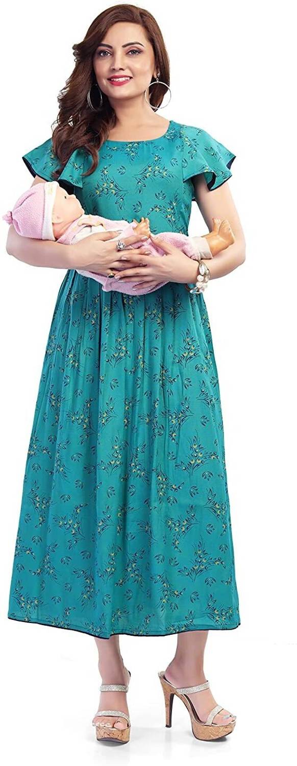 Mom&bae Women Floral Print Cotton Blend A-line Kurta (Light Blue)