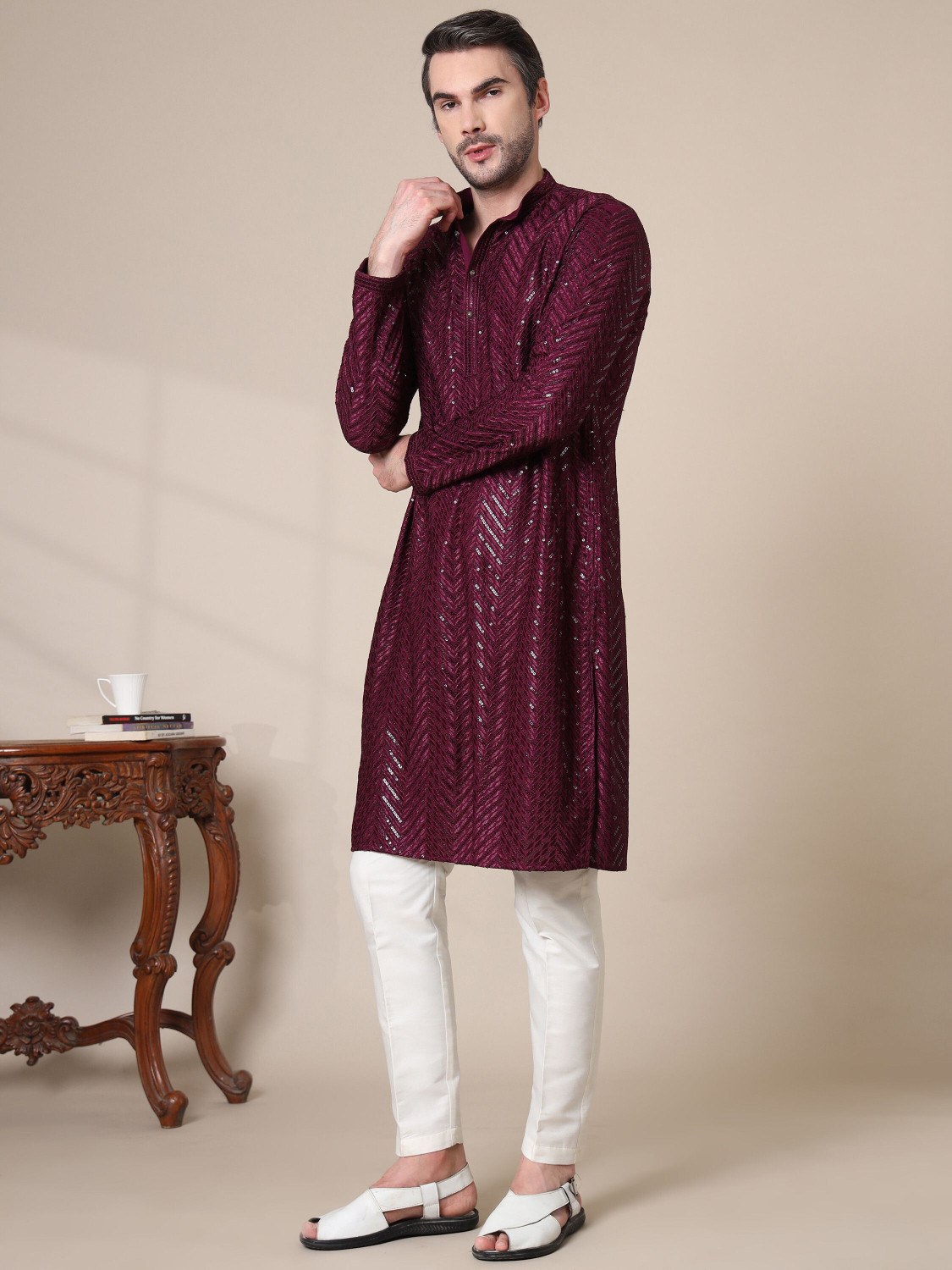 Image of ADHIRAJAN Men Embellished Straight Kurta