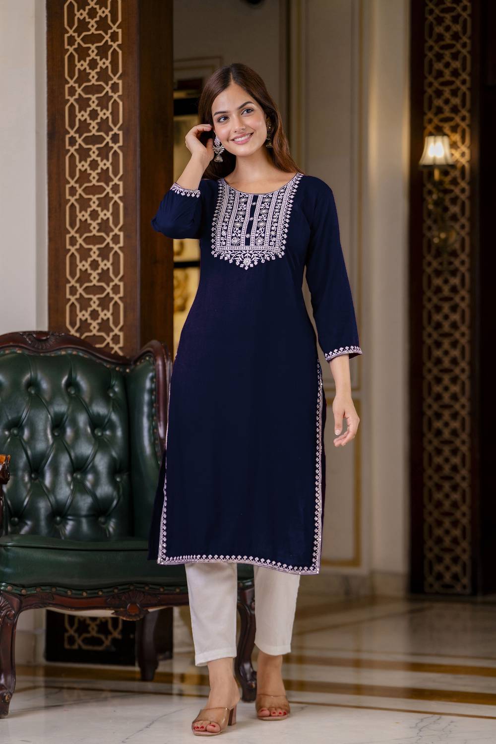 PATBRO Women Embroidered Viscose Rayon Straight Kurta (Blue)