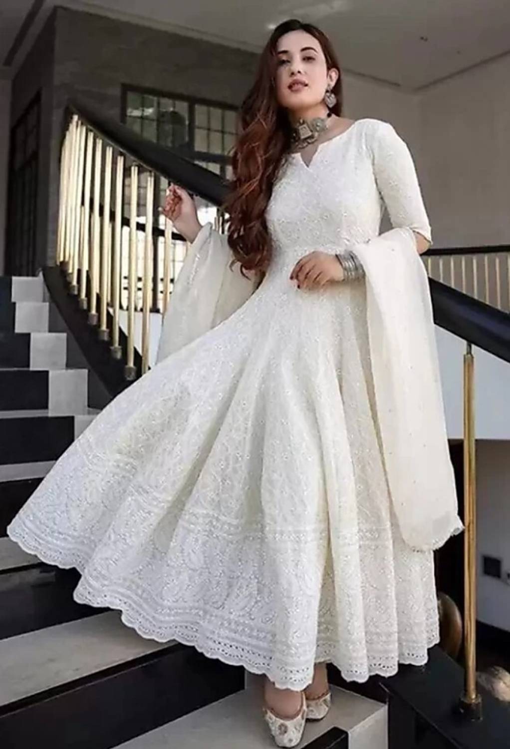 WISTA Women Chikan Embroidery Crepe Anarkali Kurta With Attached
