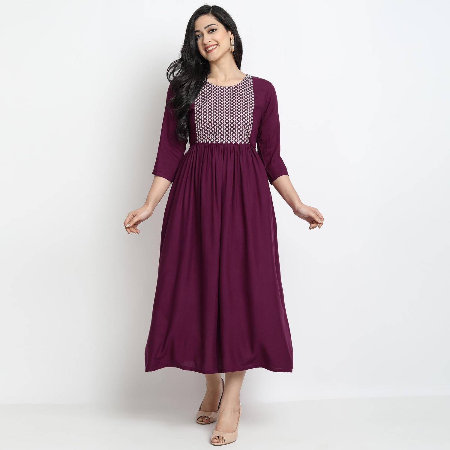 Kriska Women Embroidered Viscose Rayon A-line Kurta (Maroon)