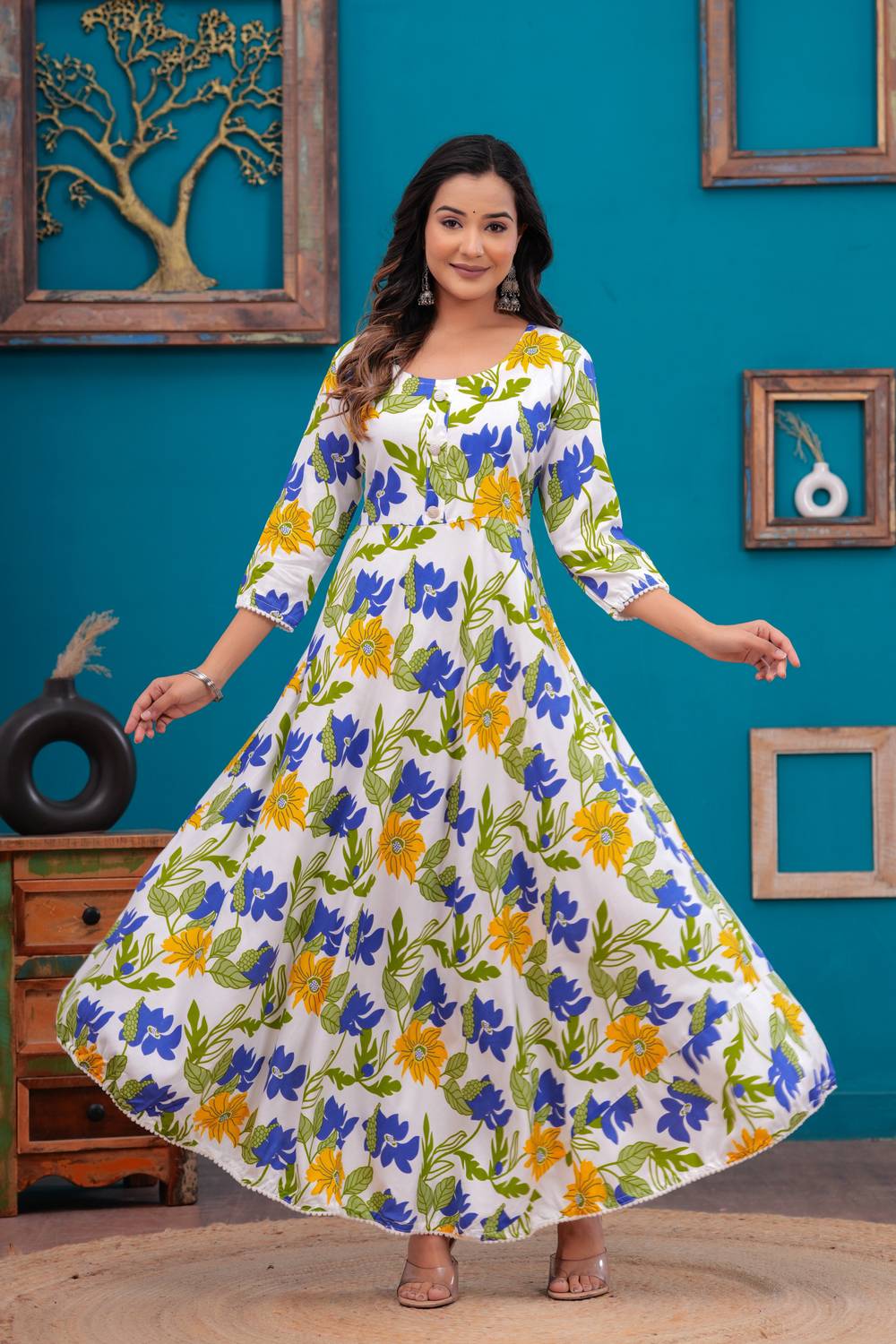 ANNEIV Floral Print Viscose Rayon Anarkali Kurta for Women