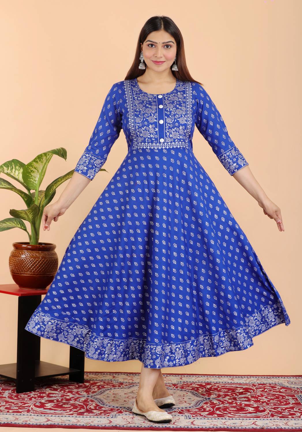 NANERA Women Printed Cotton Rayon Anarkali Kurta (Light Blue)