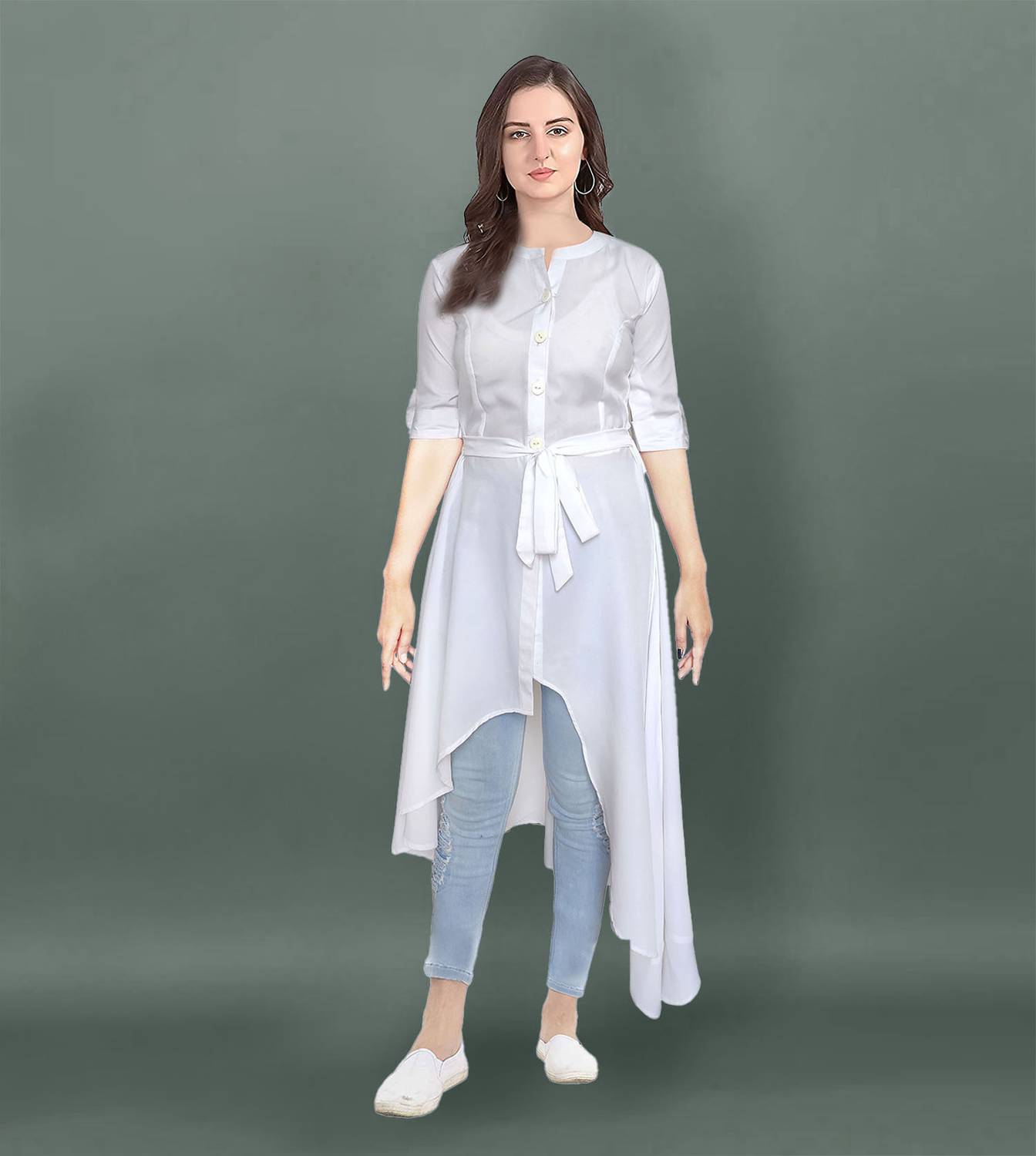 Glitter Fashion Women Solid Crepe Frontslit Kurta (White)