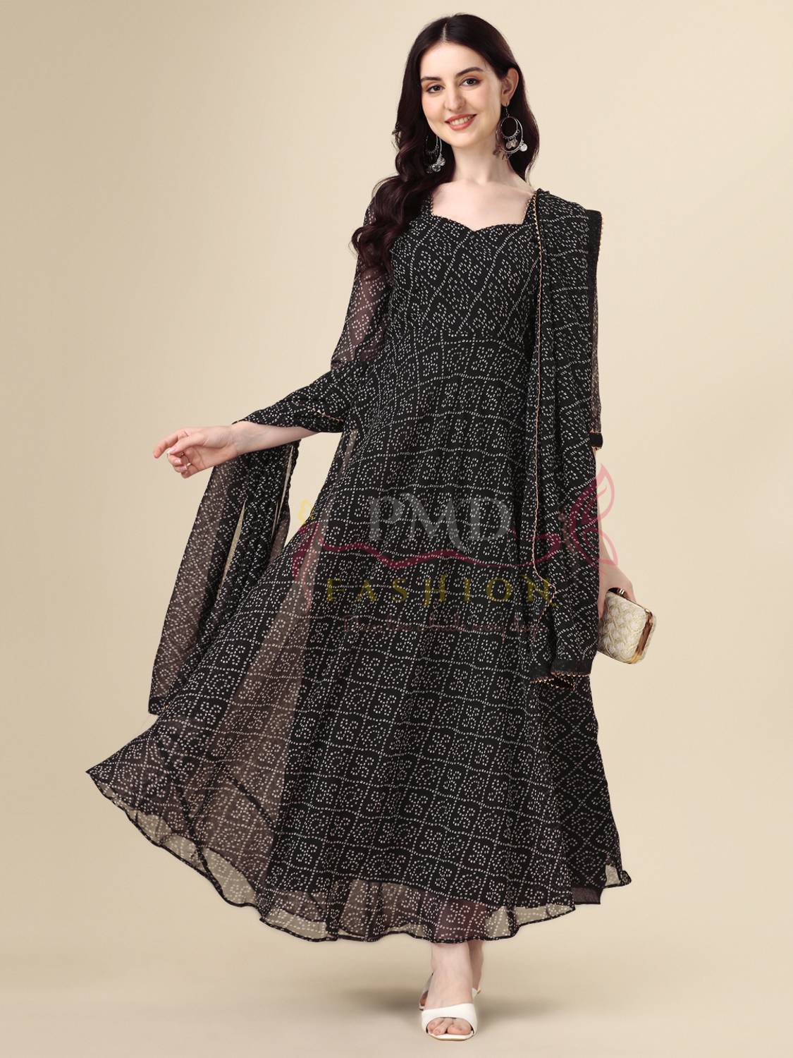 PMD Fashion Women Bandhani Georgette Anarkali Kurta With Attached