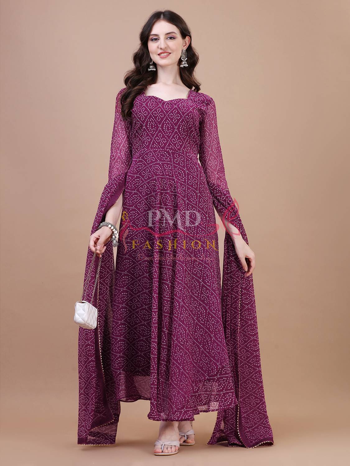 PMD Fashion Women Bandhani Georgette Anarkali Kurta With Attached