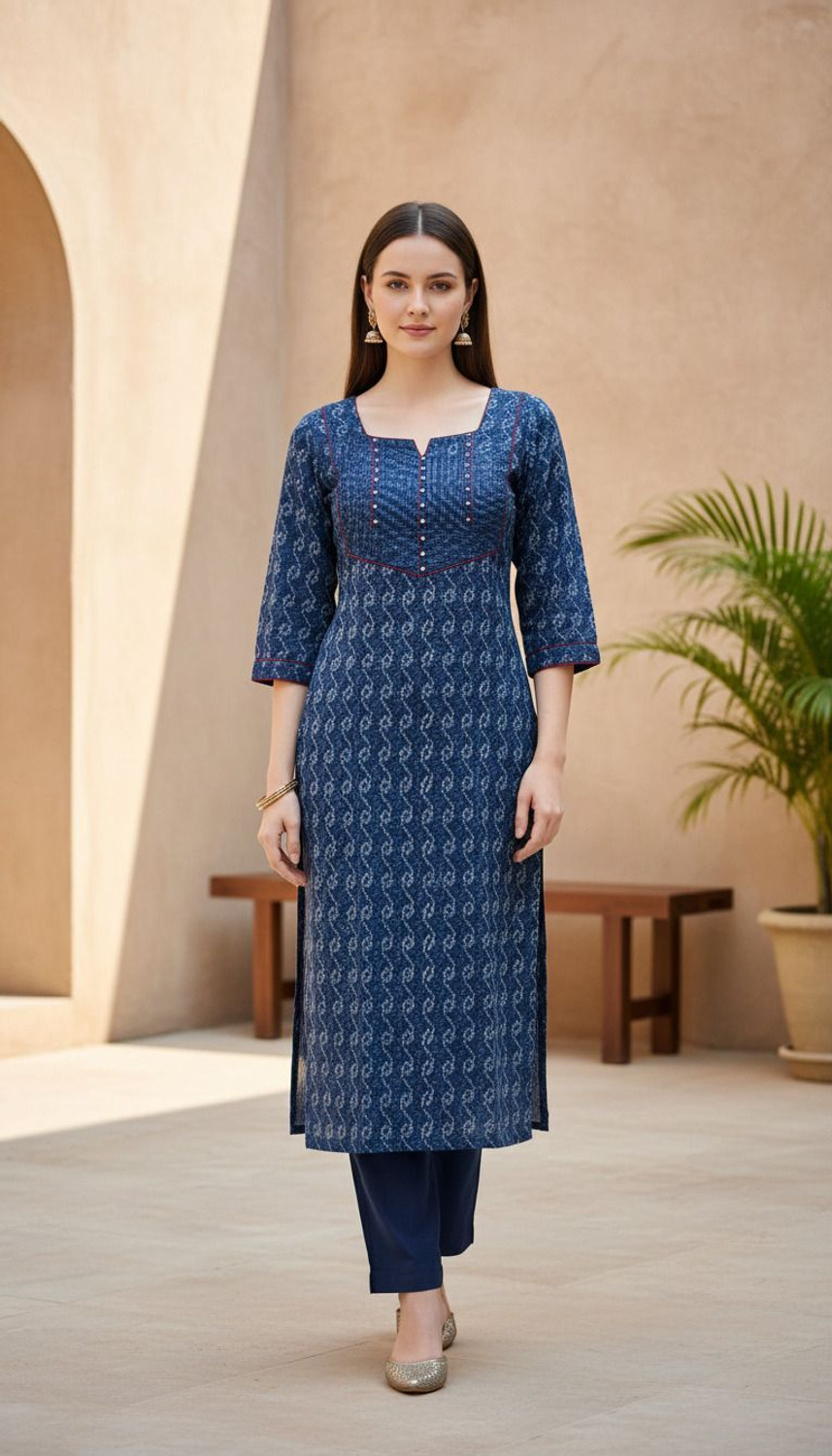 Image of PARADISE STORE Pack of 2 Embroidered Pure Cotton A-line Kurta for Women (Blue, Yellow)