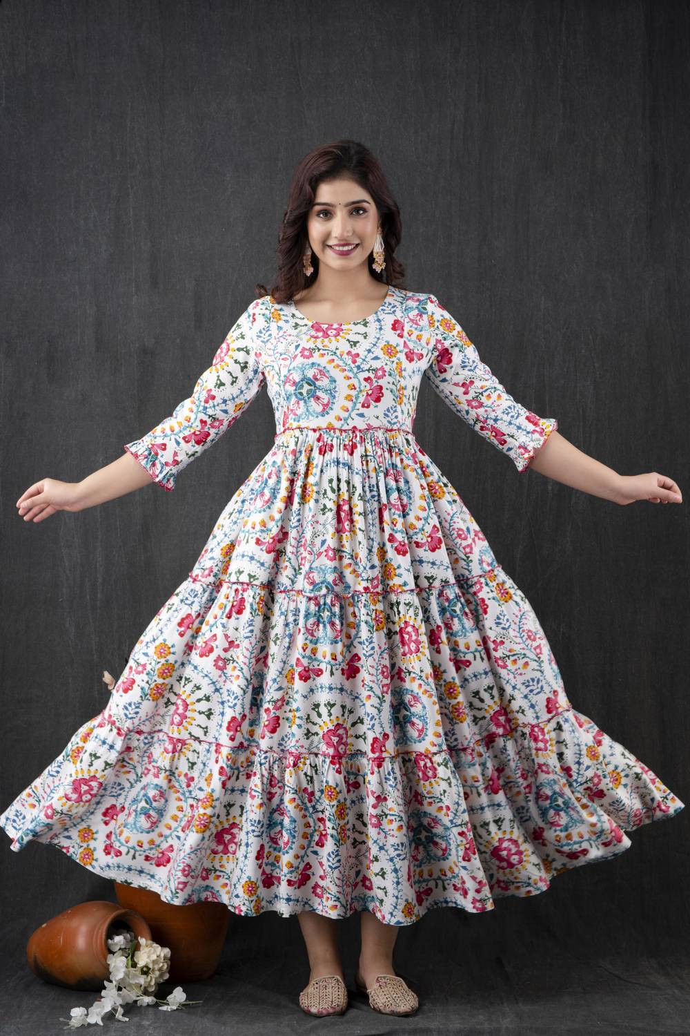 Henal Women Printed Cotton Blend Flared Kurta (White)