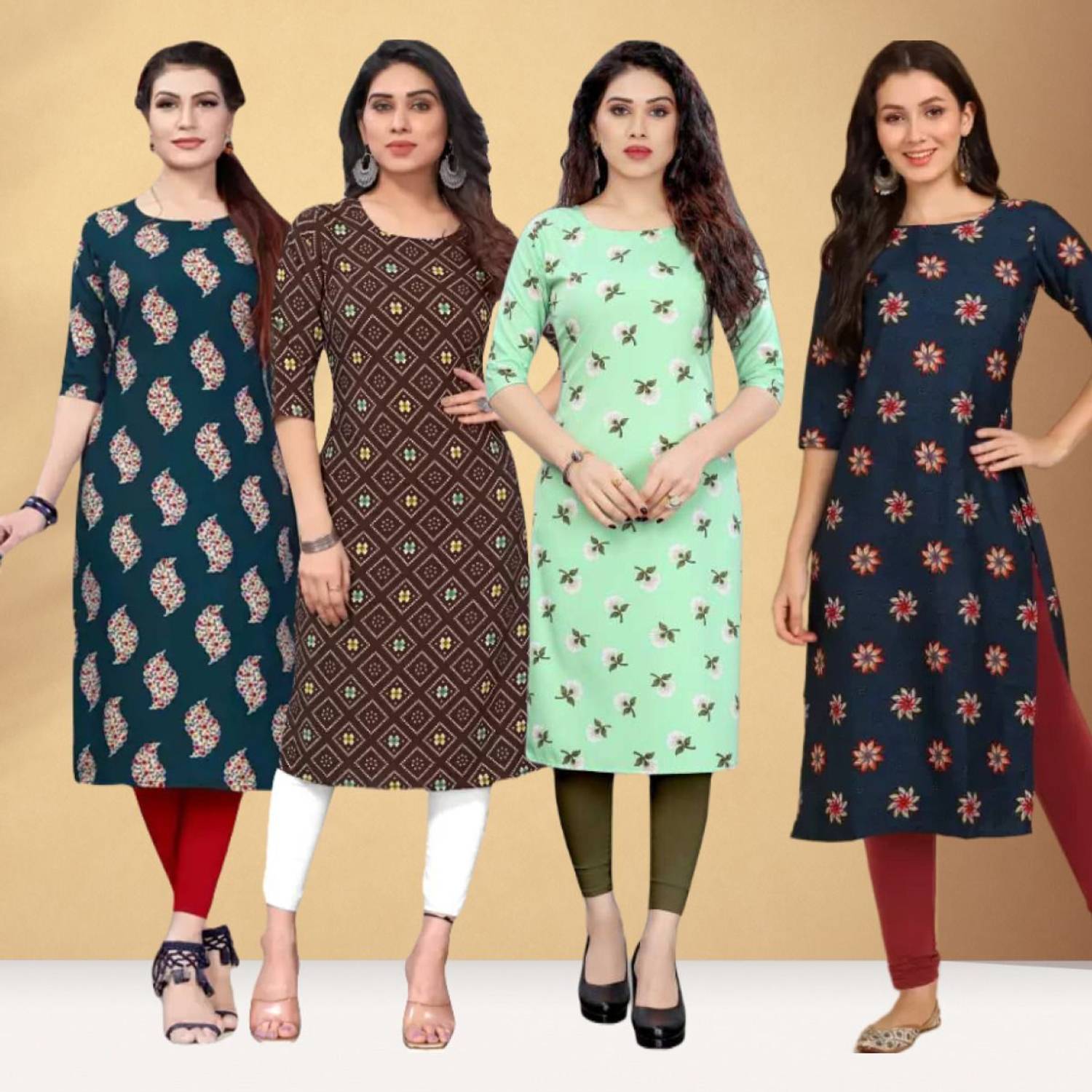 ammy creation Pack of 4 Women Printed Crepe Straight Kurta (Light