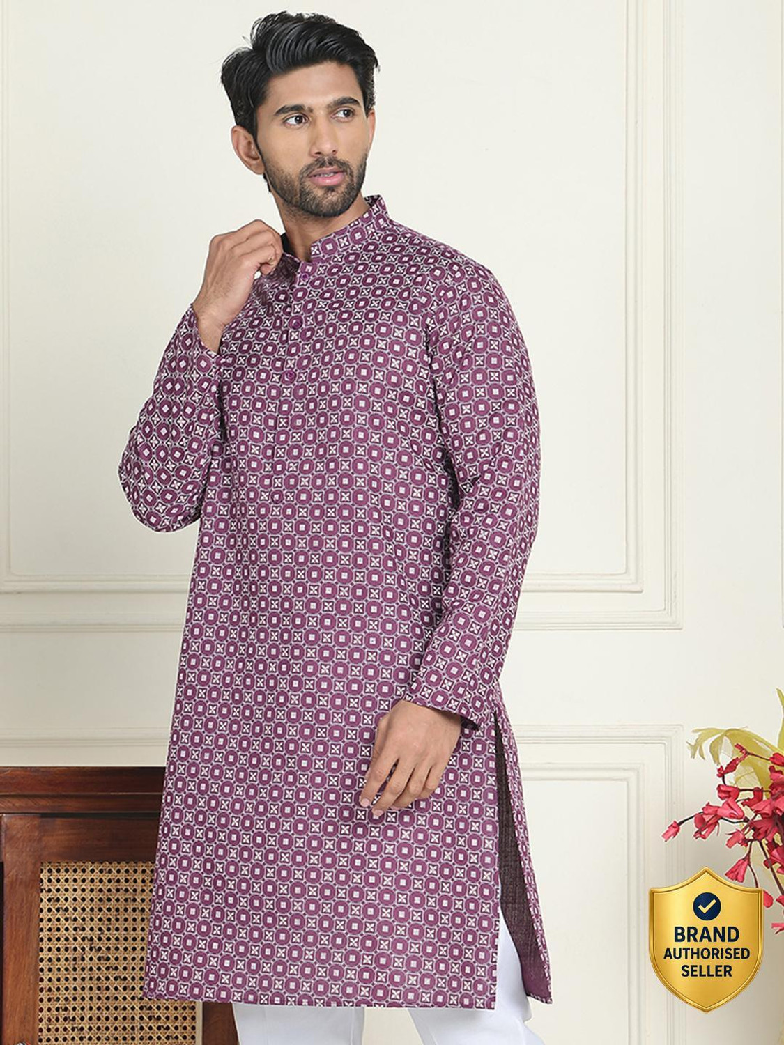 Image of Jompers Men Geometric Print Straight Kurta