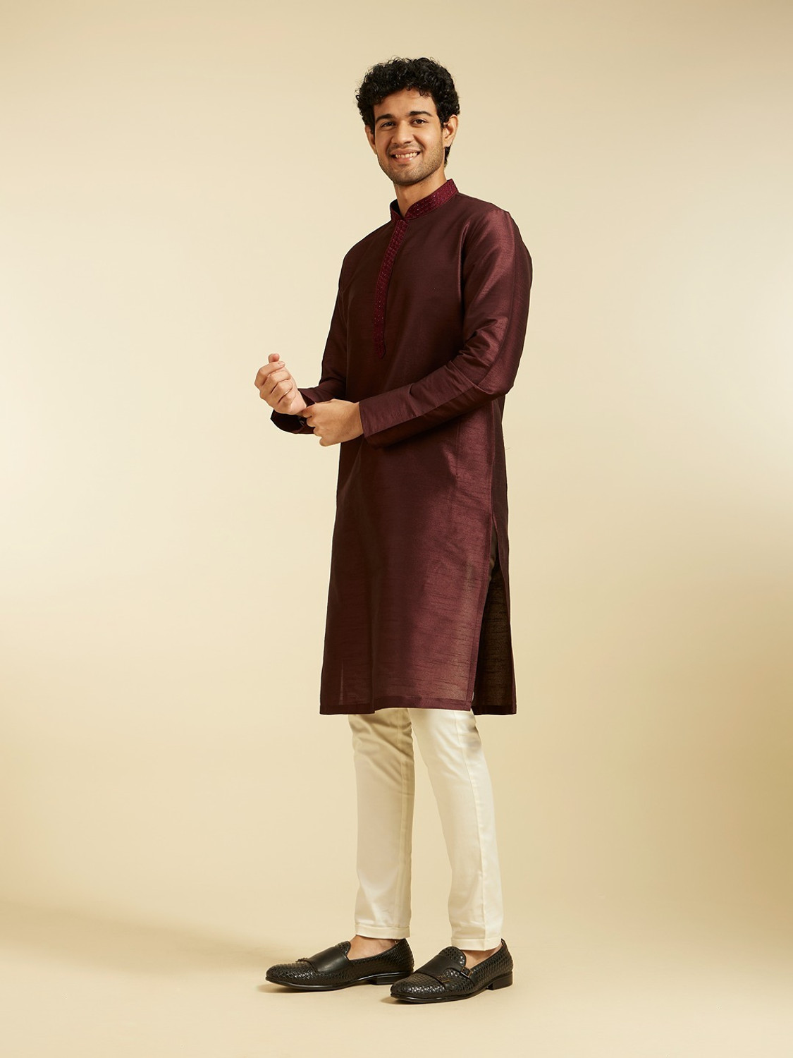 Image of DIWAS by Manyavar Self Design Art Silk Straight Kurta for Men (Purple)