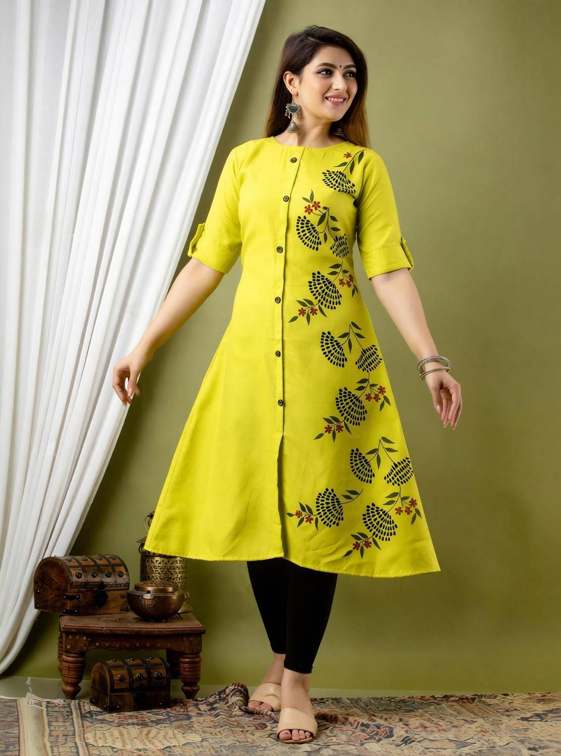 Zivapez Women Floral Print Pure Cotton Frontslit Kurta (Yellow)