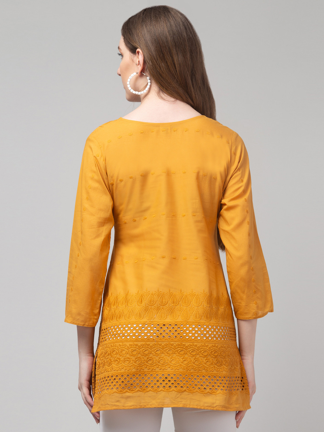 Image of DIAMOND RUBY Chikan Embroidery Pure Cotton A-line Kurta for Women (Yellow)
