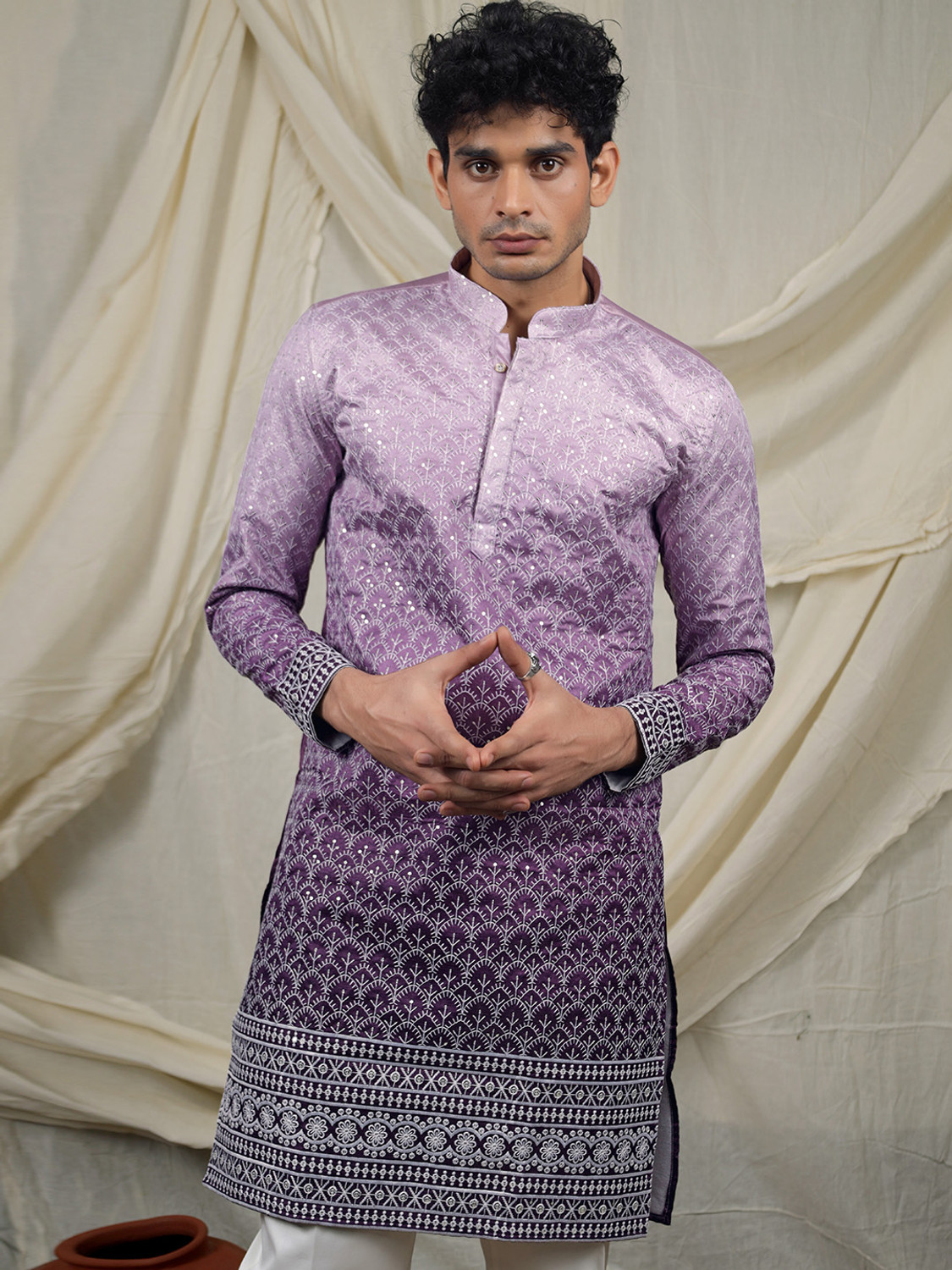Image of Varbandhan Embroidered Silk Blend Straight Kurta for Men (Purple)