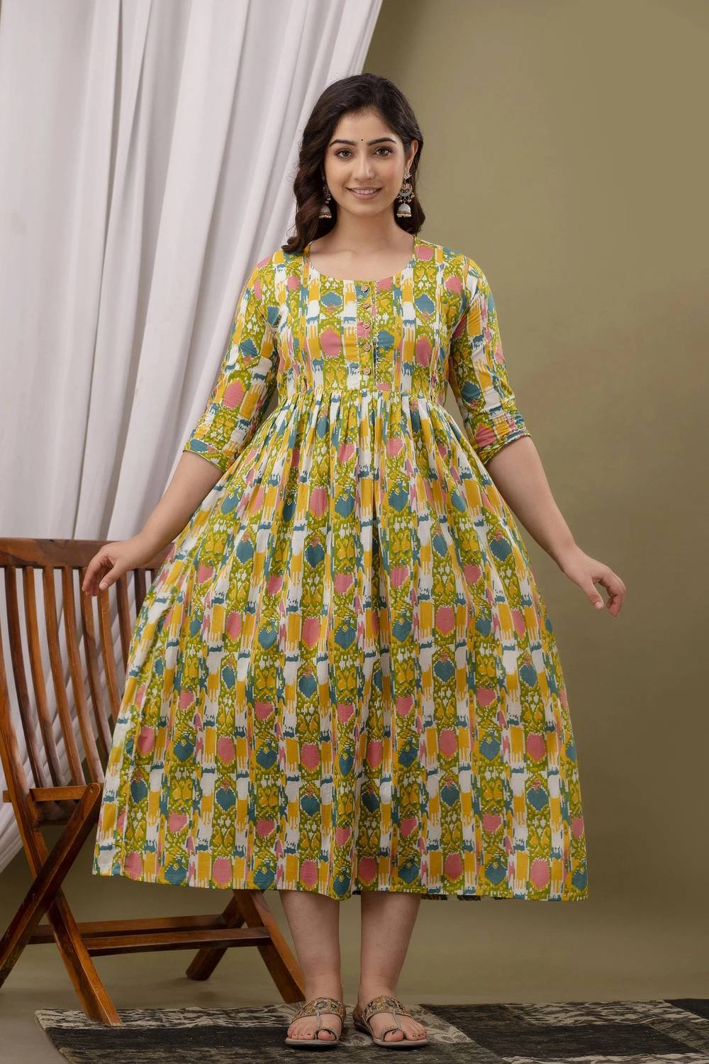 Madfury Women Printed Pure Cotton Anarkali Kurta (Yellow)