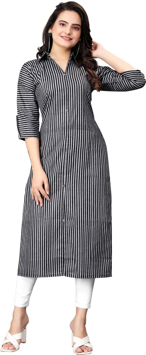 FABTOWN Women Printed Khadi Cotton Straight Kurta (Black, Grey)