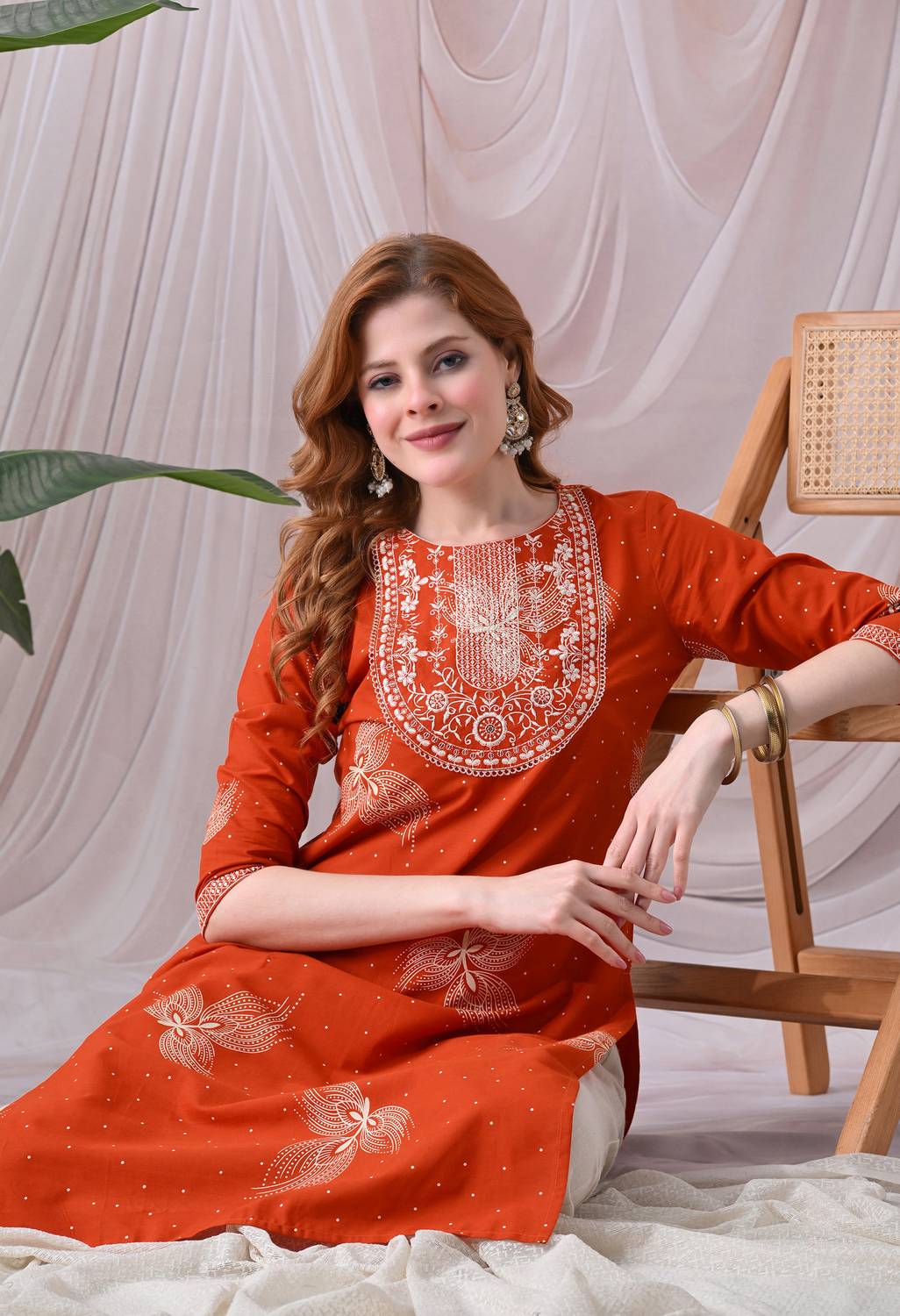KJTRENDS Women Embroidered Pure Cotton Straight Kurta (Orange)