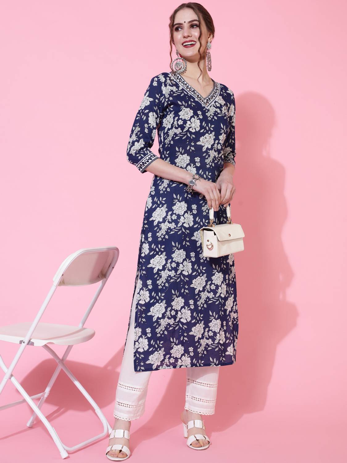 Gulmohar Jaipur Women Printed Pure Cotton Straight Kurta (Dark Bl